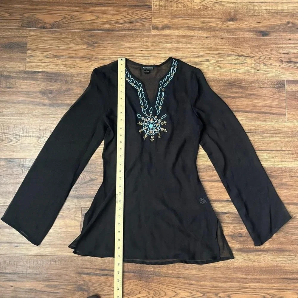 Sirens Y2K Sheer Black Beaded Blouse Women Small Fairy Boho Whimsygoth Going Out - Picture 5 of 8